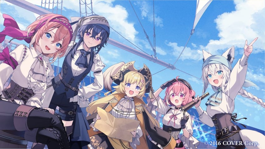 shirakami fubuki, tsunomaki watame, takane lui, sasaki saku, and ichinose uruha (hololive and 2 more) drawn by nokachoco114
