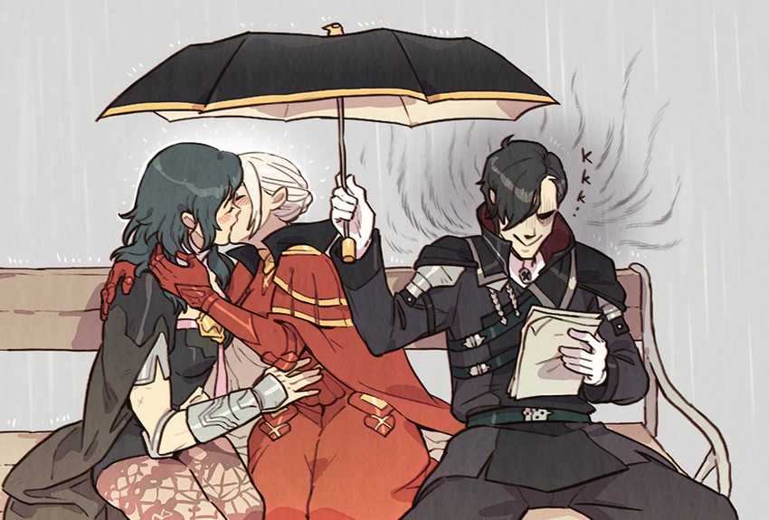 female byleth, edelgard von hresvelg, and hubert von vestra (fire emblem and 1 more) drawn by unoobang
