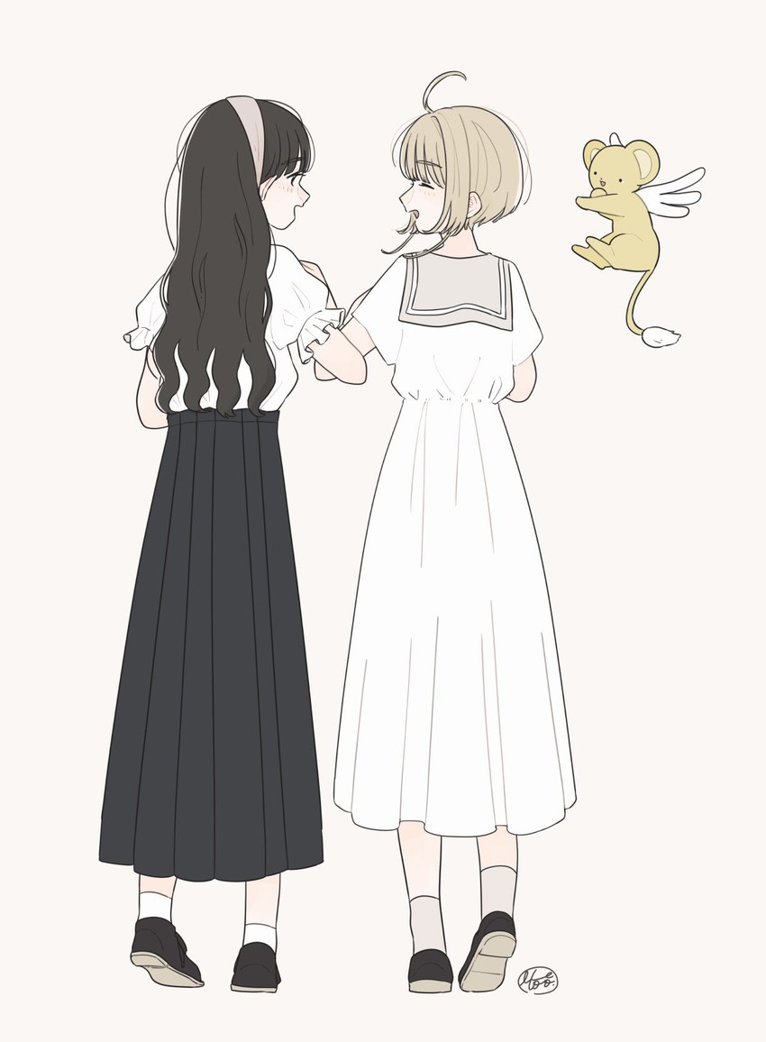kinomoto sakura, kero, and daidouji tomoyo (cardcaptor sakura) drawn by momo_tarou