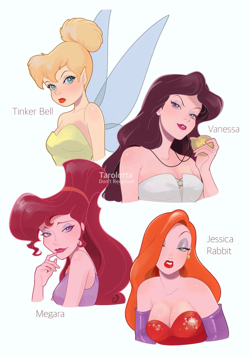 tinker bell, megara, jessica rabbit, and vanessa (the little mermaid and 3 more) drawn by tarolotta