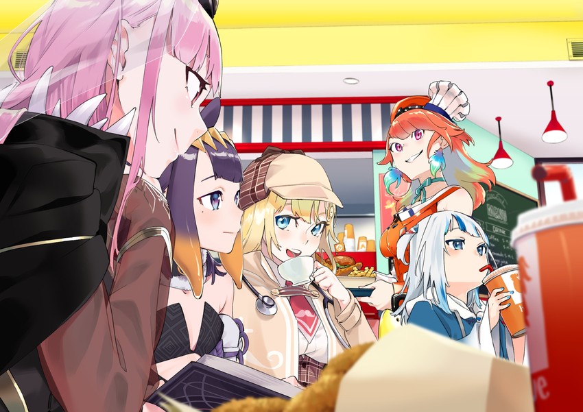 gawr gura, mori calliope, ninomae ina'nis, takanashi kiara, watson amelia, and 1 more (hololive and 1 more) drawn by mitsuya_ryo