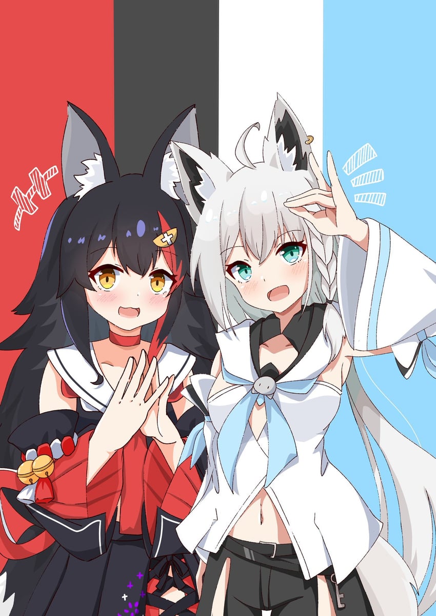 shirakami fubuki and ookami mio (hololive) drawn by ekaki_mato