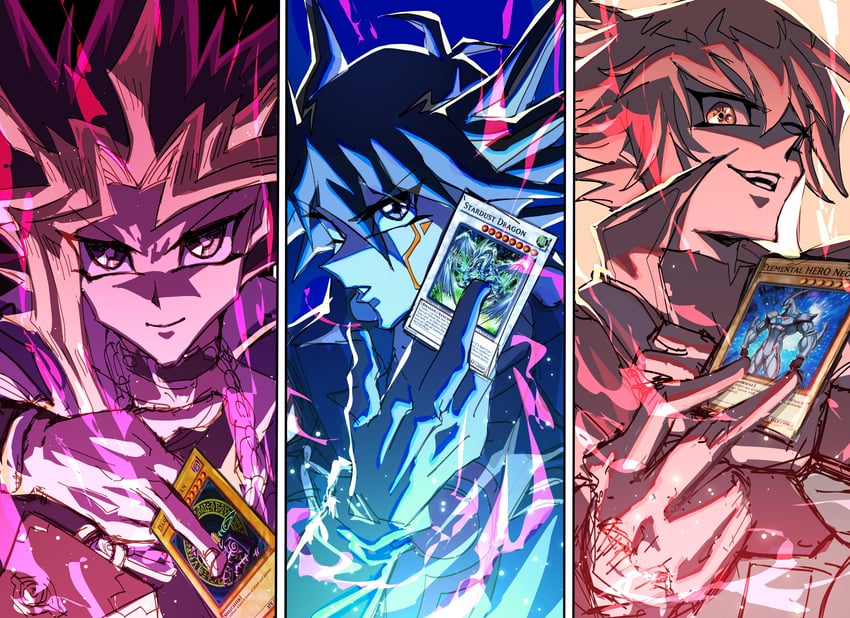 yuki judai, fudo yusei, muto yugi, and yami yugi (yu-gi-oh! and 3 more) drawn by sonic1nstinct
