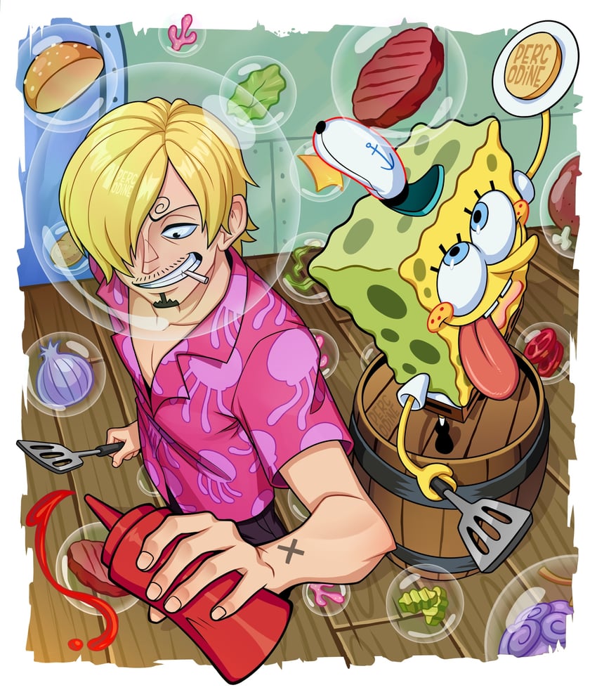 sanji and spongebob squarepants (one piece and 1 more) drawn by percodine