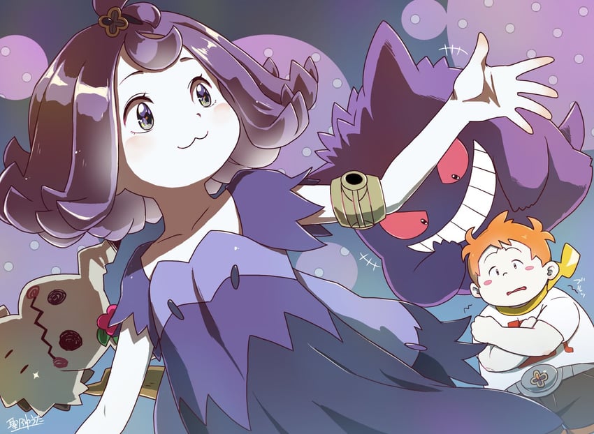 gengar, mimikyu, acerola, and sophocles (pokemon and 1 more) drawn by hijirino_yuuta