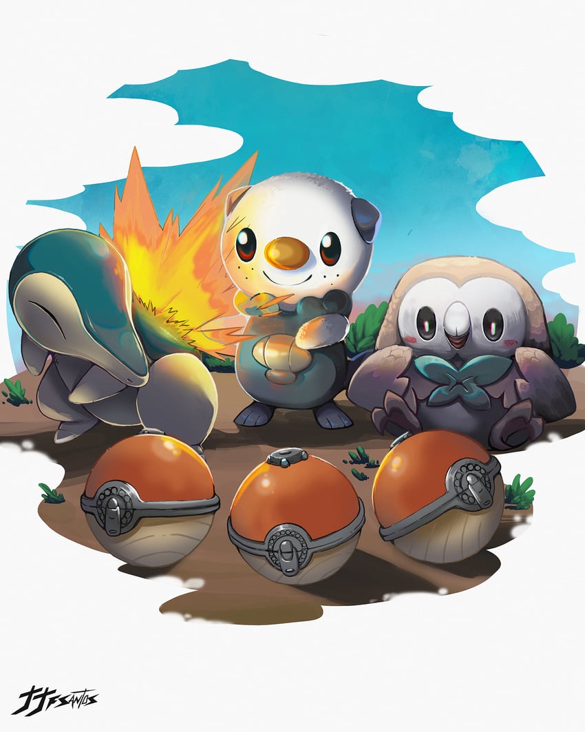 rowlet, oshawott, and cyndaquil (pokemon and 1 more) drawn by jjfsantos