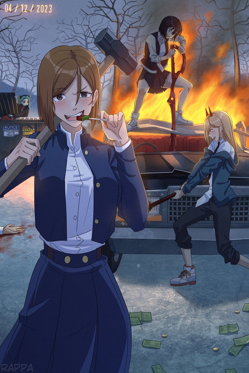 matoi ryuuko, power, kugisaki nobara, and rebecca (chainsaw man and 5 more) drawn by rappa_(sirrappa)