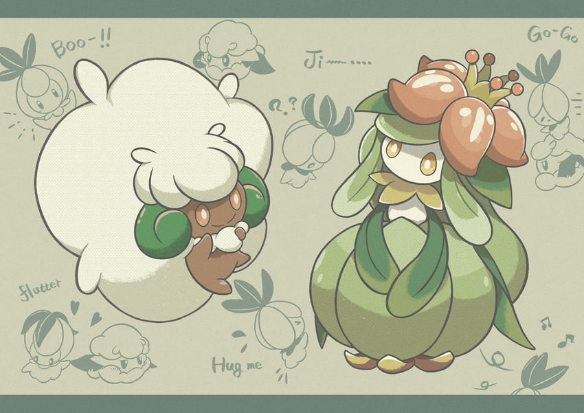 whimsicott, lilligant, petilil, and cottonee (pokemon) drawn by komugicorn