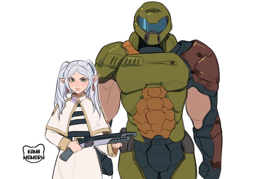 frieren and doomguy (sousou no frieren and 2 more) drawn by kamii_momoru
