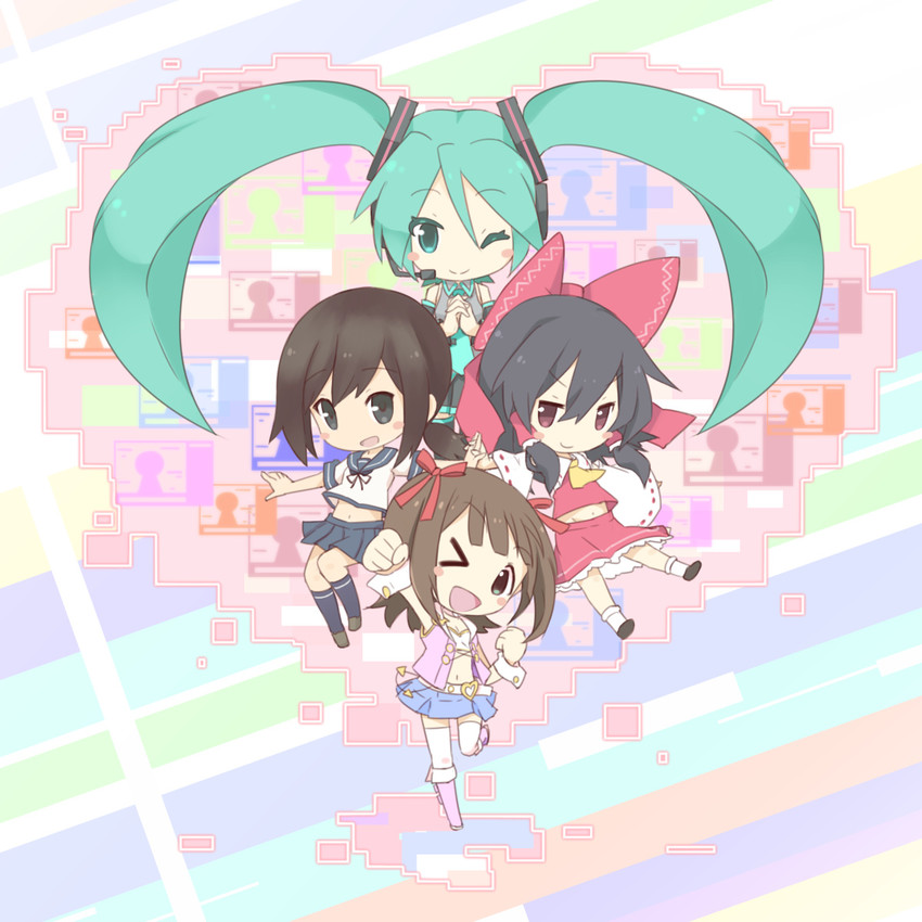 hatsune miku, hakurei reimu, fubuki, and amami haruka (touhou and 3 more) drawn by fushigi_ebi