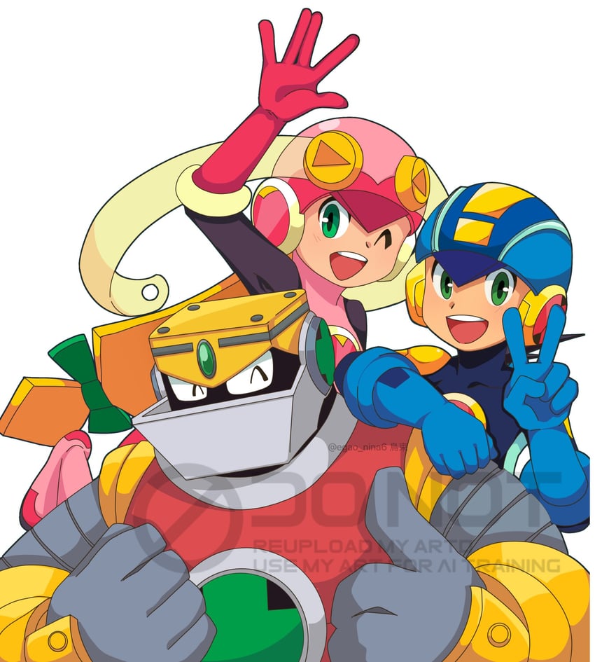 megaman.exe, roll.exe, and gutsman.exe (mega man and 1 more) drawn by egao_nina6 and irotoridori2024