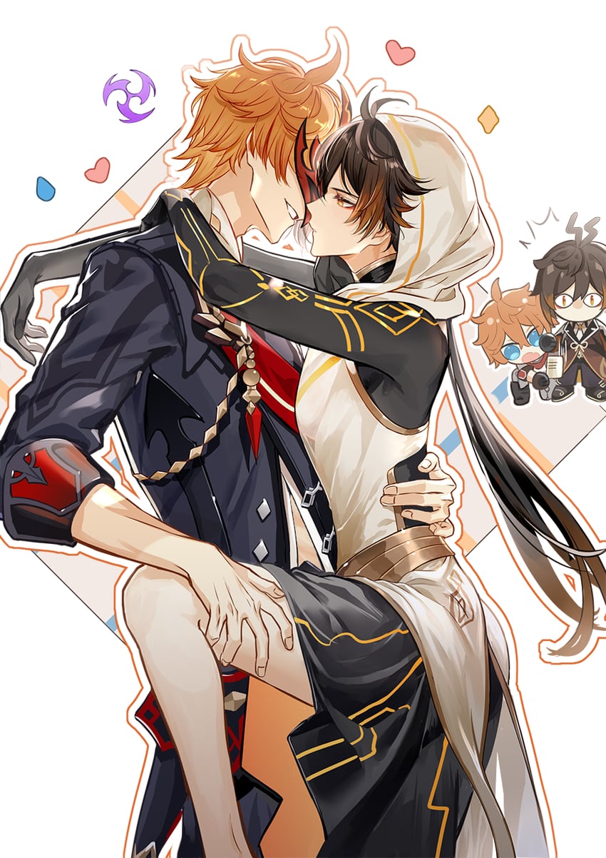 tartaglia, zhongli, and rex lapis (genshin impact) drawn by qing