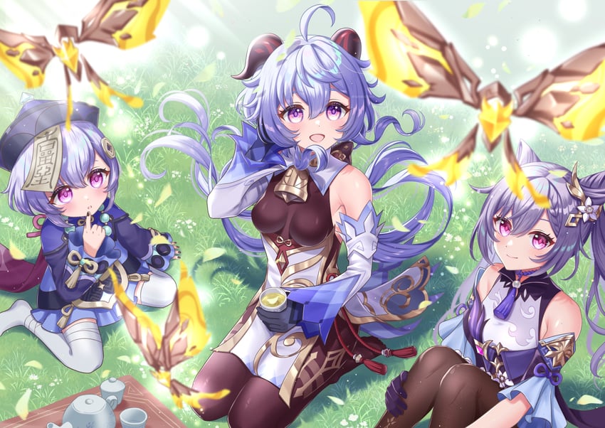 ganyu, keqing, qiqi, and crystalfly (genshin impact) drawn by tateko25wiz
