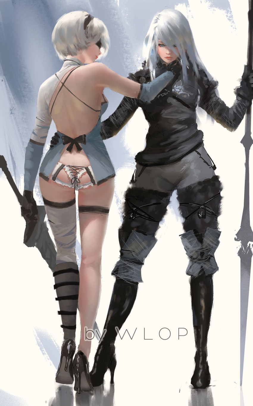 2b, a2, kaine, and nier (nier:automata and 1 more) drawn by wlop