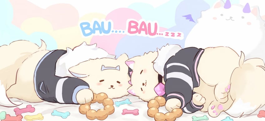 fuwawa abyssgard, mococo abyssgard, and perroccino (hololive and 1 more) drawn by yuuyu_(777)