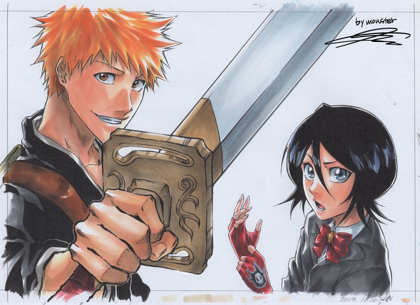 kuchiki rukia and kurosaki ichigo (bleach) drawn by monster_art_(rlawnsgr7)