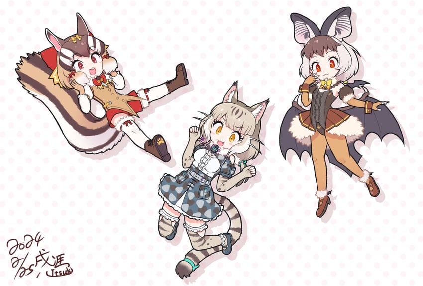 brown long-eared bat, siberian chipmunk, and jungle cat (kemono friends and 2 more) drawn by kitsunetsuki_itsuki