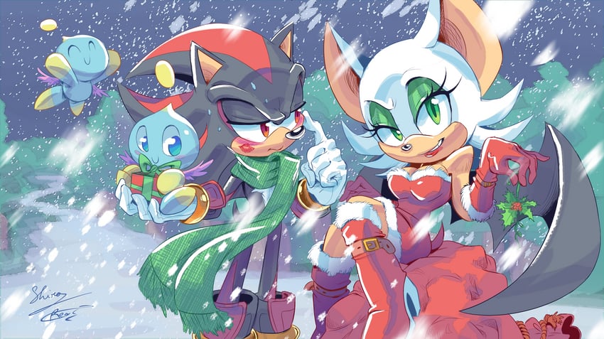 shadow the hedgehog, rouge the bat, and neutral chao (sonic) drawn by ziggyfin