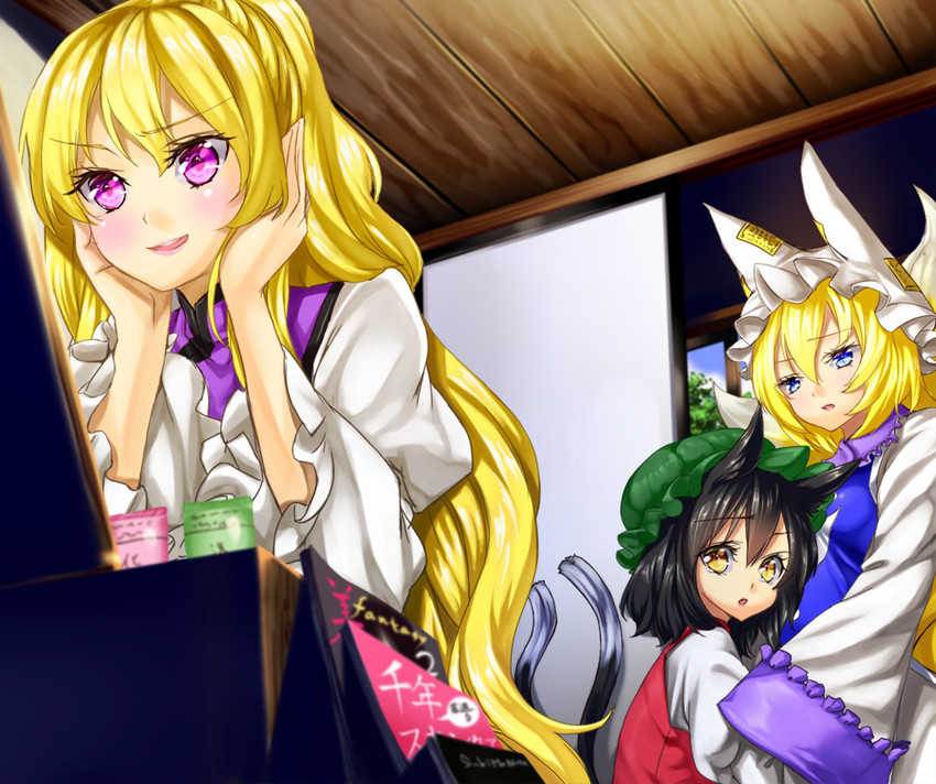 yakumo yukari, yakumo ran, and chen (touhou) drawn by unowen