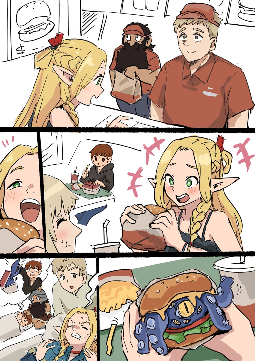 marcille donato, falin touden, laios touden, senshi, and chilchuck tims (dungeon meshi) drawn by tenten_(chan4545)