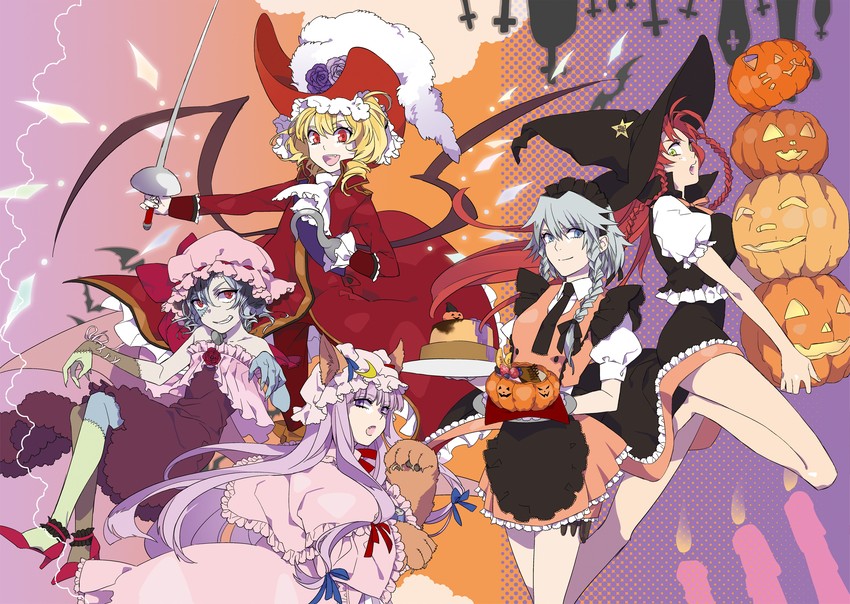 remilia scarlet, flandre scarlet, izayoi sakuya, patchouli knowledge, and hong meiling (touhou) drawn by ritz_(h322)