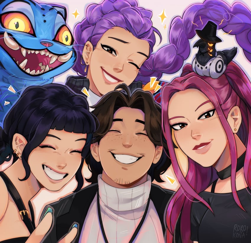 rumi, zoey, mira, derpy, sussie, and 1 more (kpop demon hunters) drawn by rorokonaa