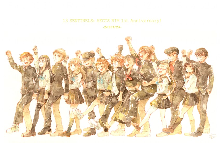 hijiyama takatoshi, fuyusaka iori, yakushiji megumi, shinonome ryouko, kisaragi tomi, and 7 more (juusan kihei bouei ken) drawn by rina_(michishirube)