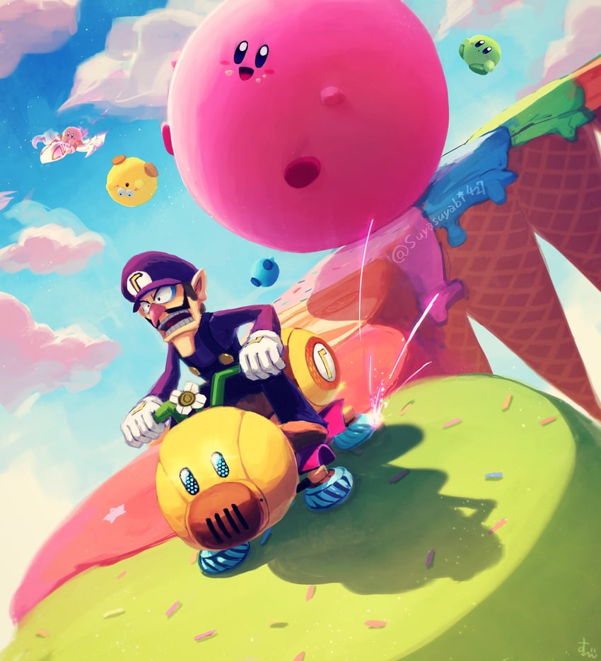 kirby and waluigi (mario and 5 more) drawn by suyasuyabi