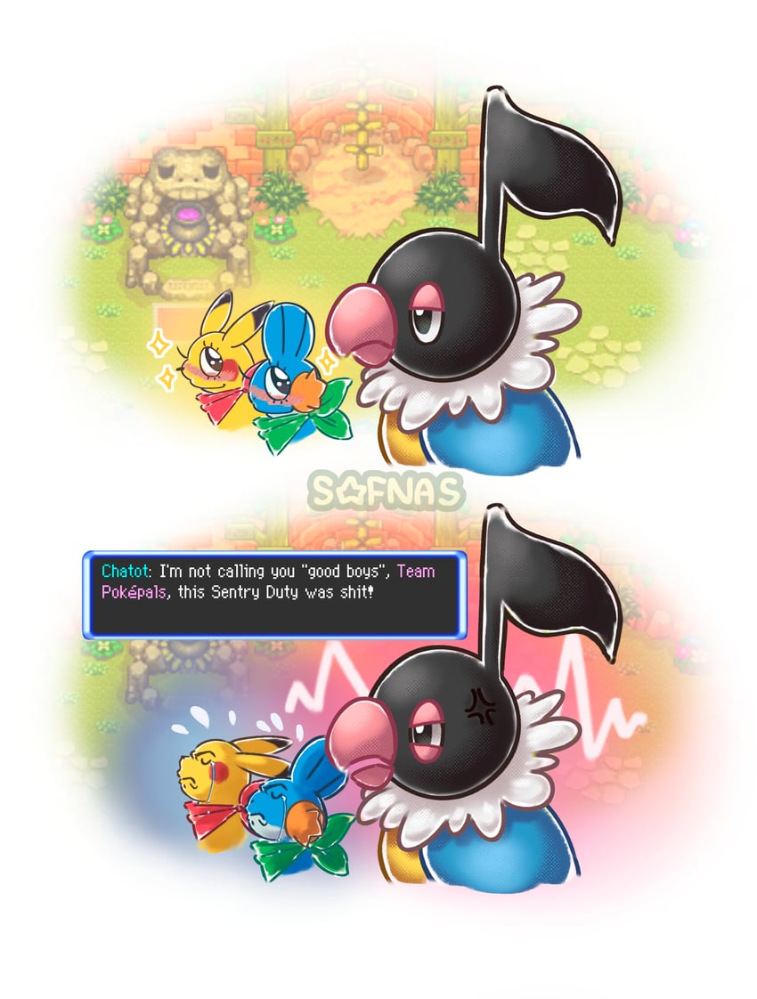 pikachu, mudkip, and chatot (pokemon and 1 more) drawn by sofnas
