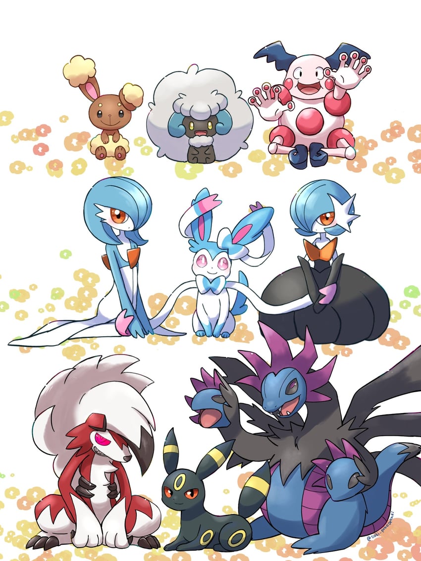 gardevoir, sylveon, umbreon, mega gardevoir, lycanroc, and 4 more (pokemon) drawn by saki_pokeoekaki