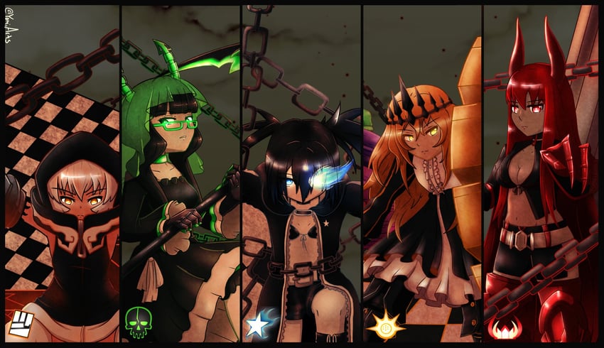 black rock shooter, dead master, strength, black gold saw, and chariot (black rock shooter) drawn by artsyomi