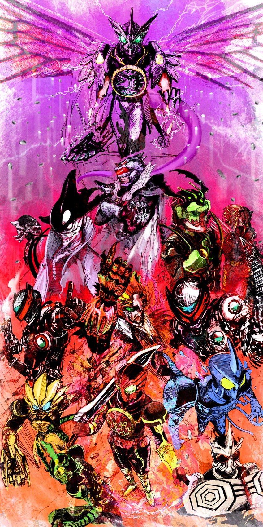kamen rider ooo, ankh, mezul, tajador, putotyra, and 10 more (kamen rider and 1 more) drawn by illustica_phantom