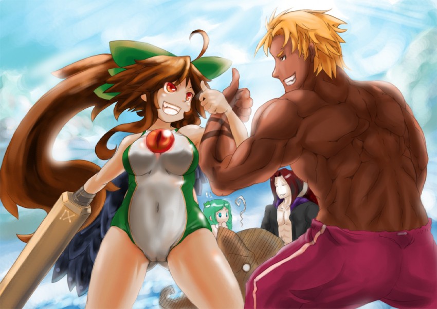 kochiya sanae, reiuji utsuho, shen woo, and duo lon (touhou and 2 more) drawn by rekise
