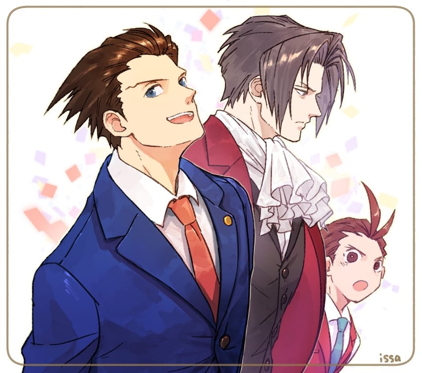 phoenix wright, miles edgeworth, and apollo justice (ace attorney and 1 more) drawn by isasasa001