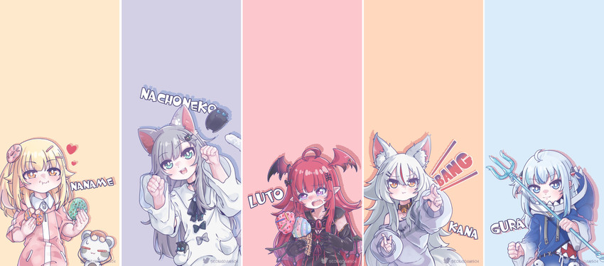 gawr gura, nachoneko, kamiko kana, hennyano, araka luto, and 1 more (hololive and 4 more) drawn by monja_(monja0521)