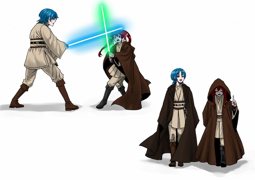 houshou marine, hiodoshi ao, obi-wan kenobi, and qui-gon jinn (hololive and 3 more) drawn by takayama_akira