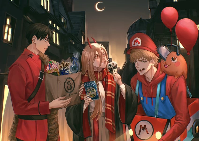 power, mario, denji, hayakawa aki, pochita, and 1 more (chainsaw man and 4 more) drawn by panprika11