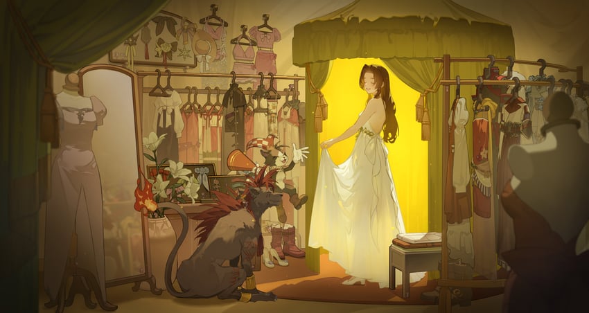 aerith gainsborough, red xiii, and cait sith (final fantasy and 11 more) drawn by lilith-lily