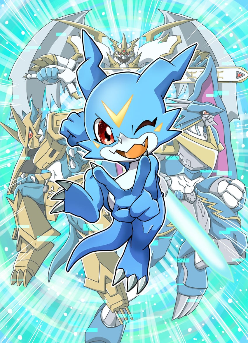 v-mon, magnamon, imperialdramon, ulforcev-dramon, and imperialdramon paladin mode (digimon) drawn by shiki_digi