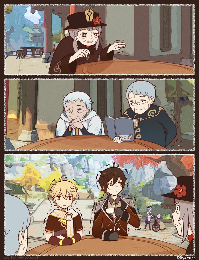 ganyu, hu tao, aether, zhongli, keqing, and 2 more (genshin impact) drawn by harnee_s