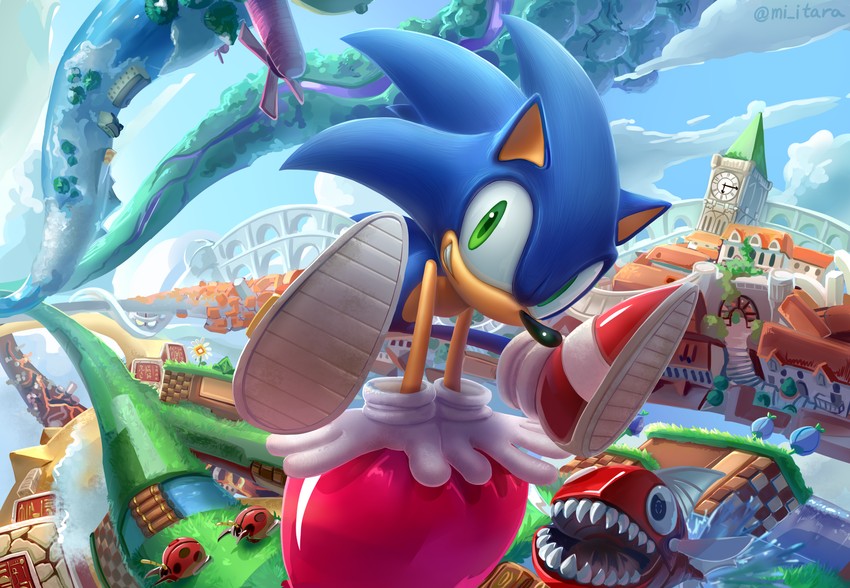 sonic the hedgehog, moto bug, and chopper (sonic and 3 more) drawn by miitara