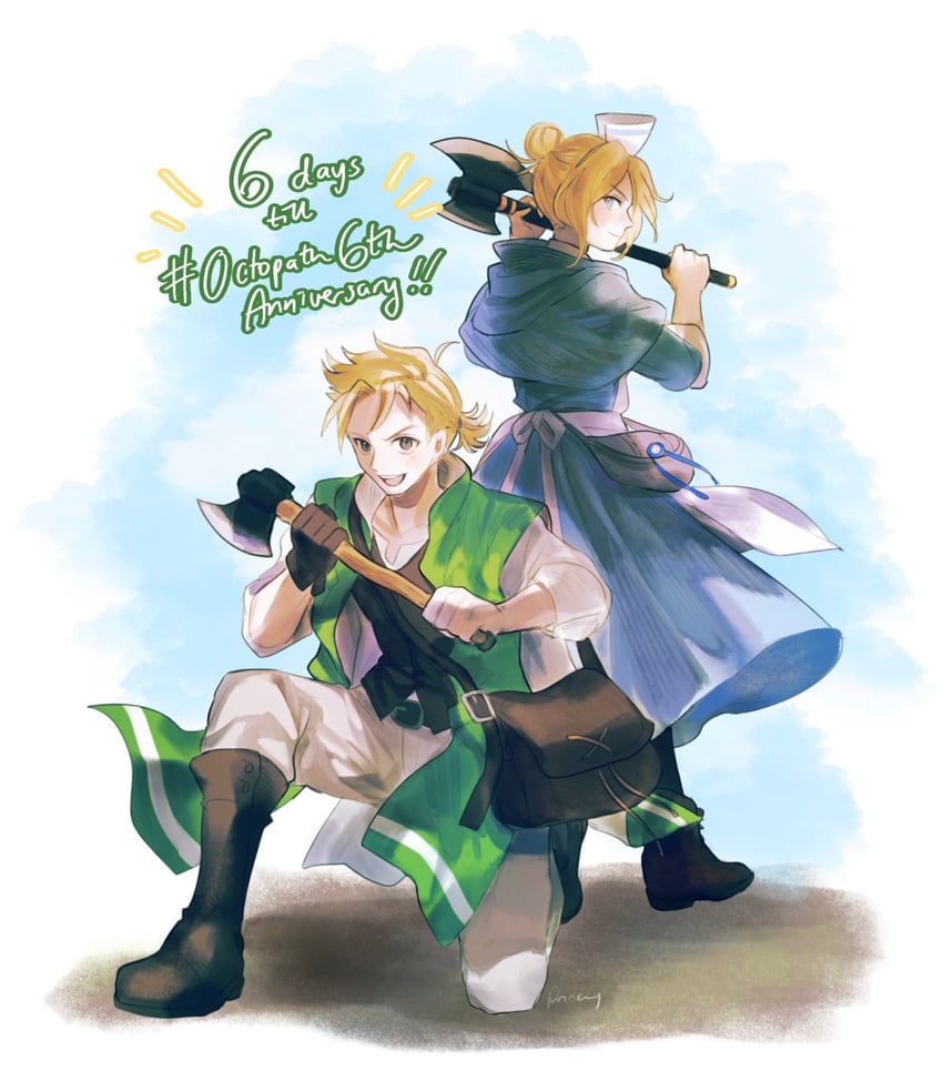 alfyn greengrass and castti florenz (octopath traveler and 2 more) drawn by aubz
