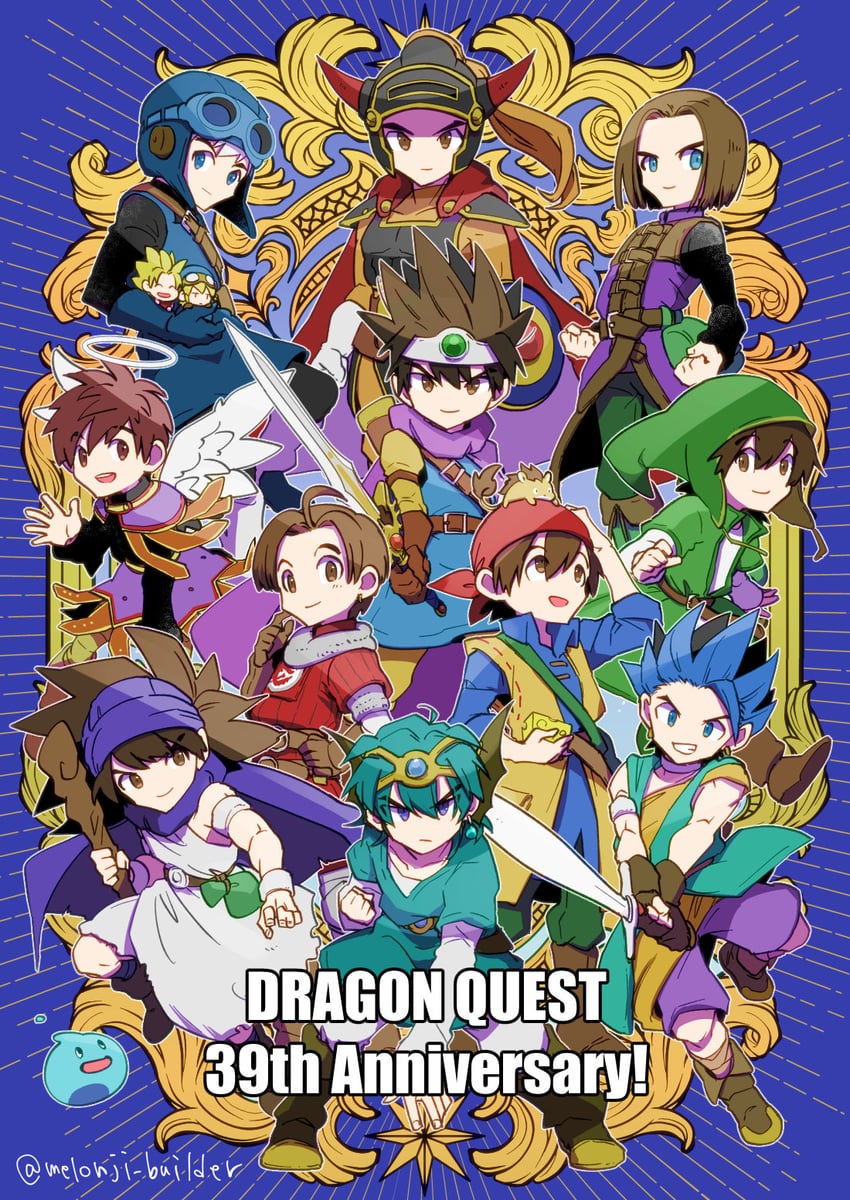 slime, roto, prince of lorasia, hero, and male builder (dragon quest and 13 more) drawn by melonji_builder