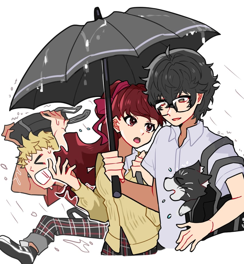 amamiya ren, yoshizawa kasumi, sakamoto ryuuji, and morgana (persona and 2 more) drawn by maitakepasuta