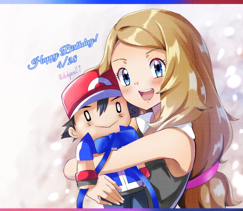 ash ketchum and serena (pokemon and 1 more) drawn by ashujou