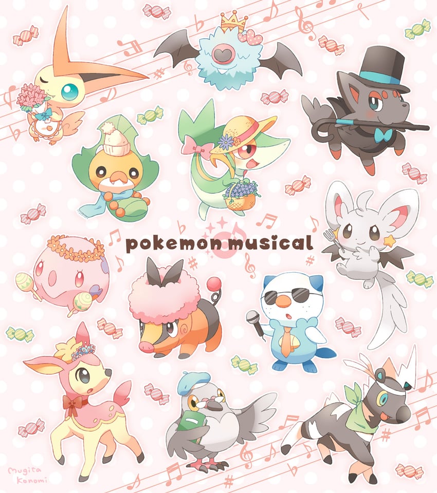 oshawott, snivy, tepig, zorua, minccino, and 7 more (pokemon) drawn by mugita_konomi