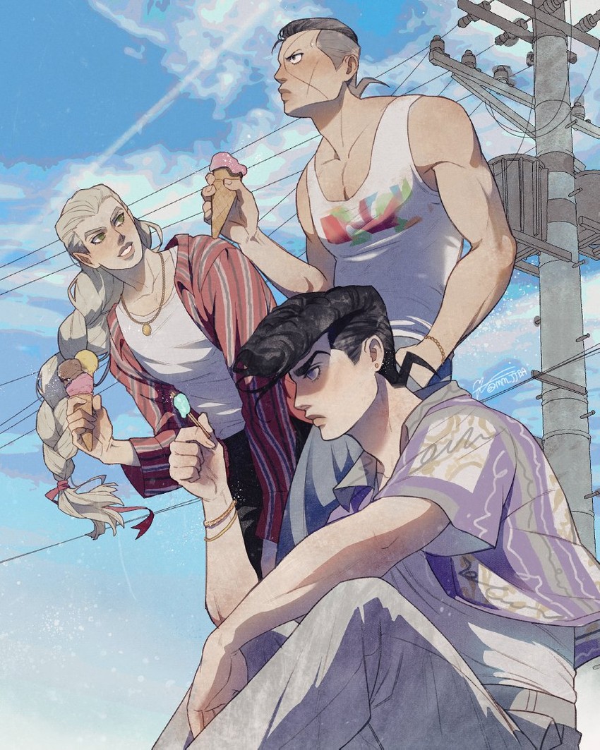 higashikata josuke, nijimura okuyasu, and hazekura mikitaka (jojo no kimyou na bouken and 1 more) drawn by mm_jjba