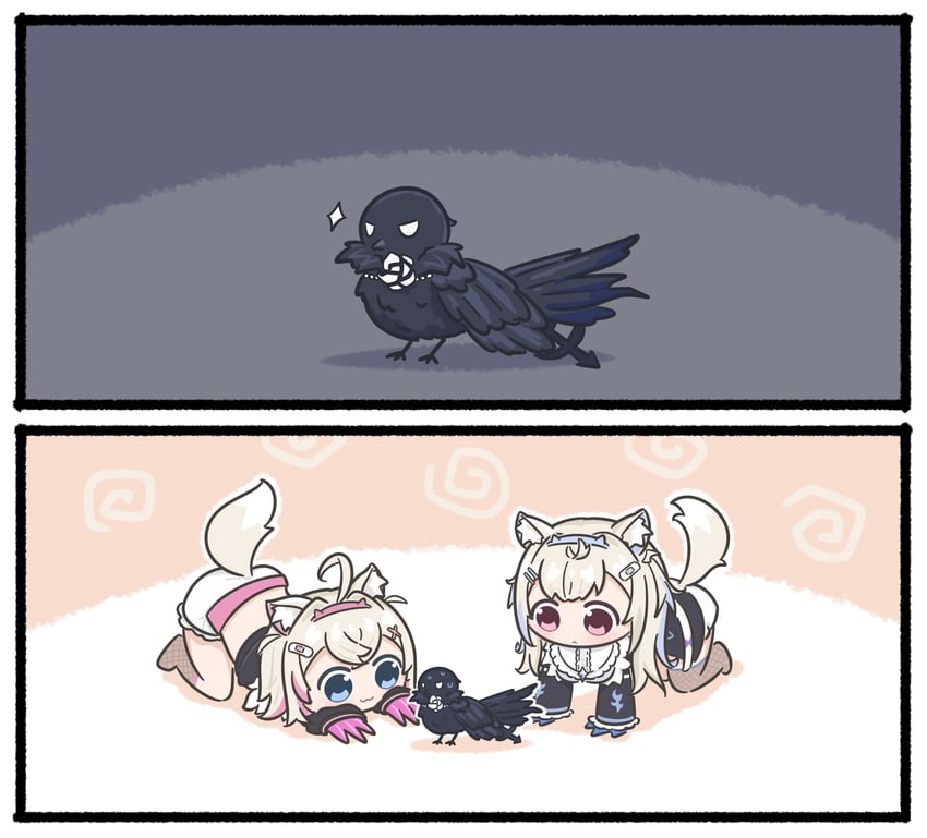 fuwawa abyssgard, mococo abyssgard, and shadow (hololive and 1 more) drawn by mpien