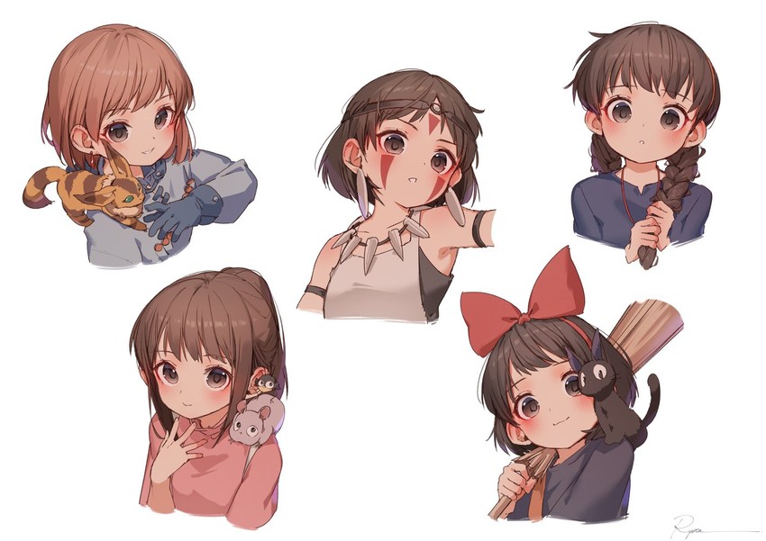 kiki, san, jiji, ogino chihiro, nausicaa, and 4 more (studio ghibli and 5 more) drawn by ryota_(ry_o_ta)