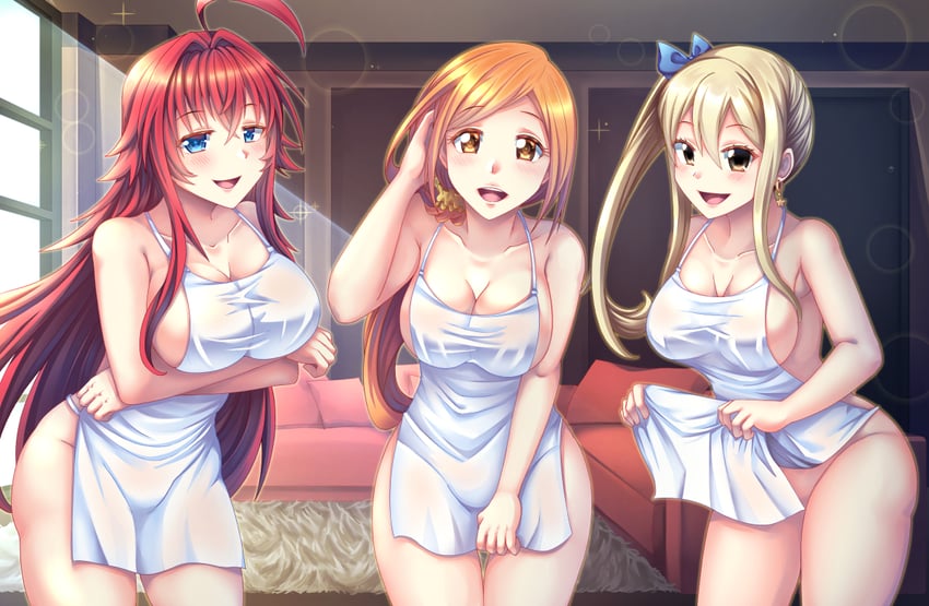 rias gremory, inoue orihime, and lucy heartfilia (bleach and 2 more) drawn by arkfield